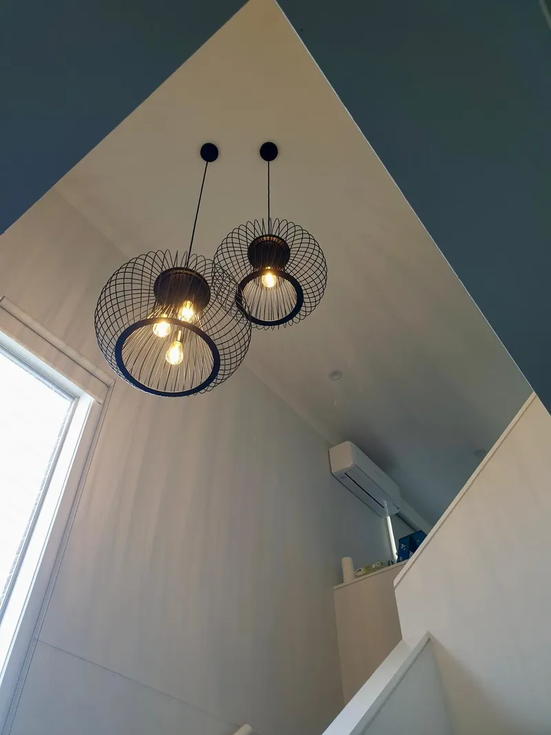 Two black cage pendant lights with filament globes hanging from a raked ceiling