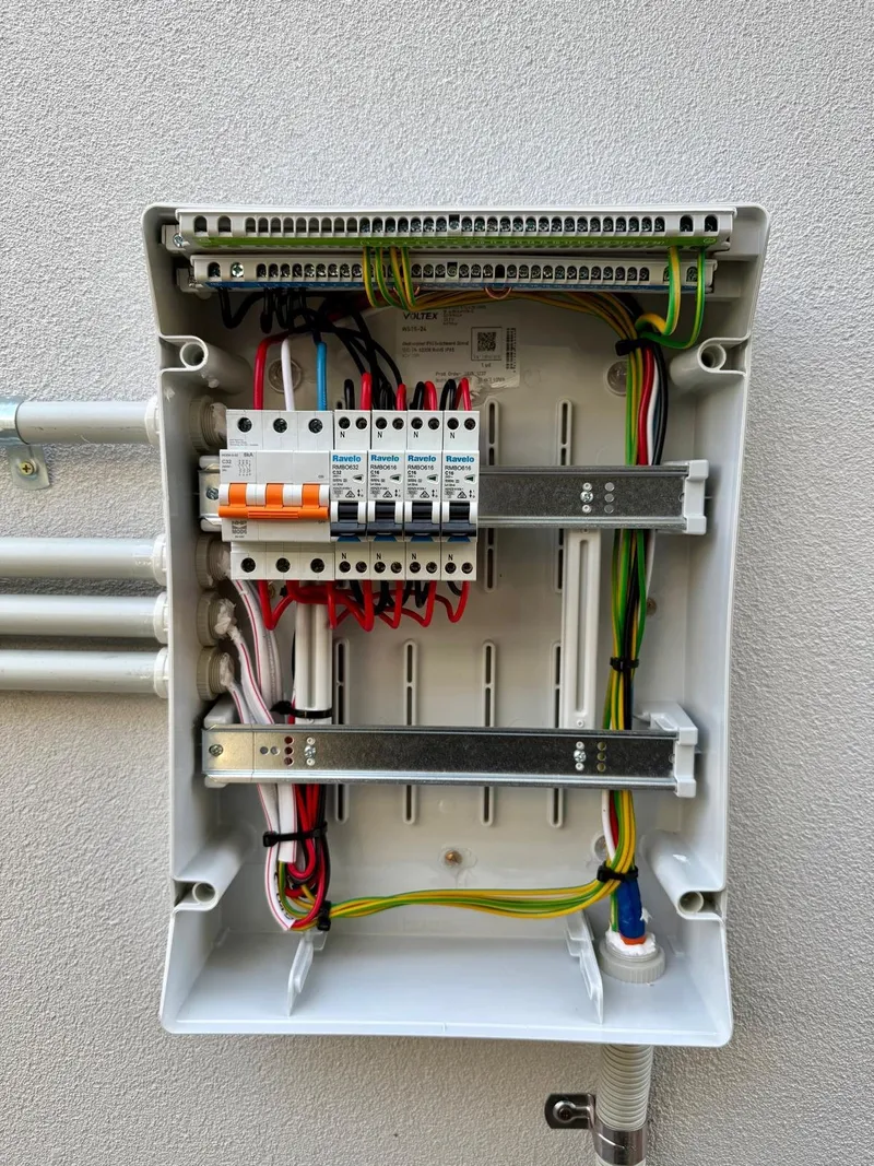 New switchboard enclosure with circuit breakers wired neatly on the rails
