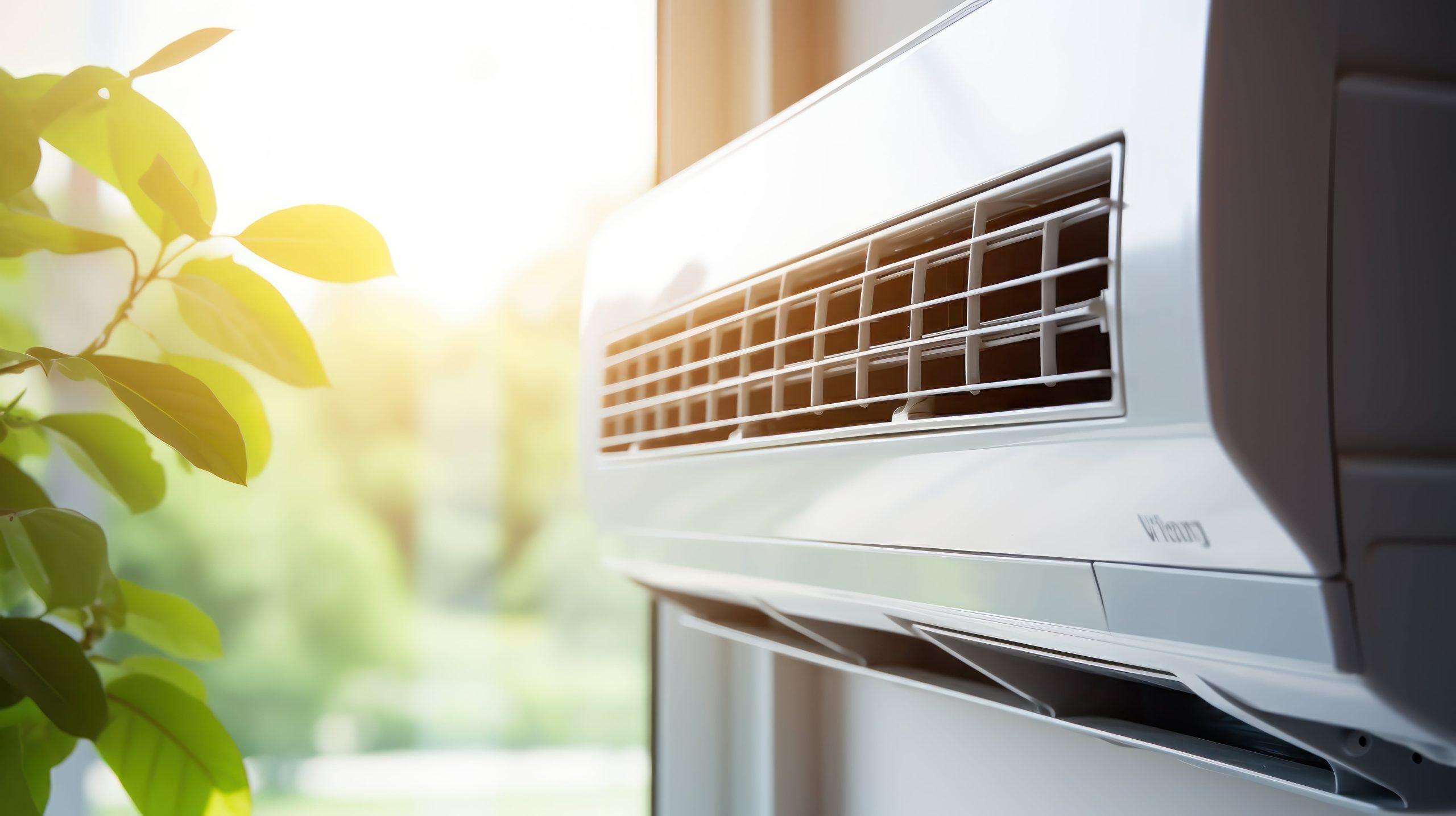 Close-up of a modern air conditioning unit installed near a sunny window with green leaves in the background.