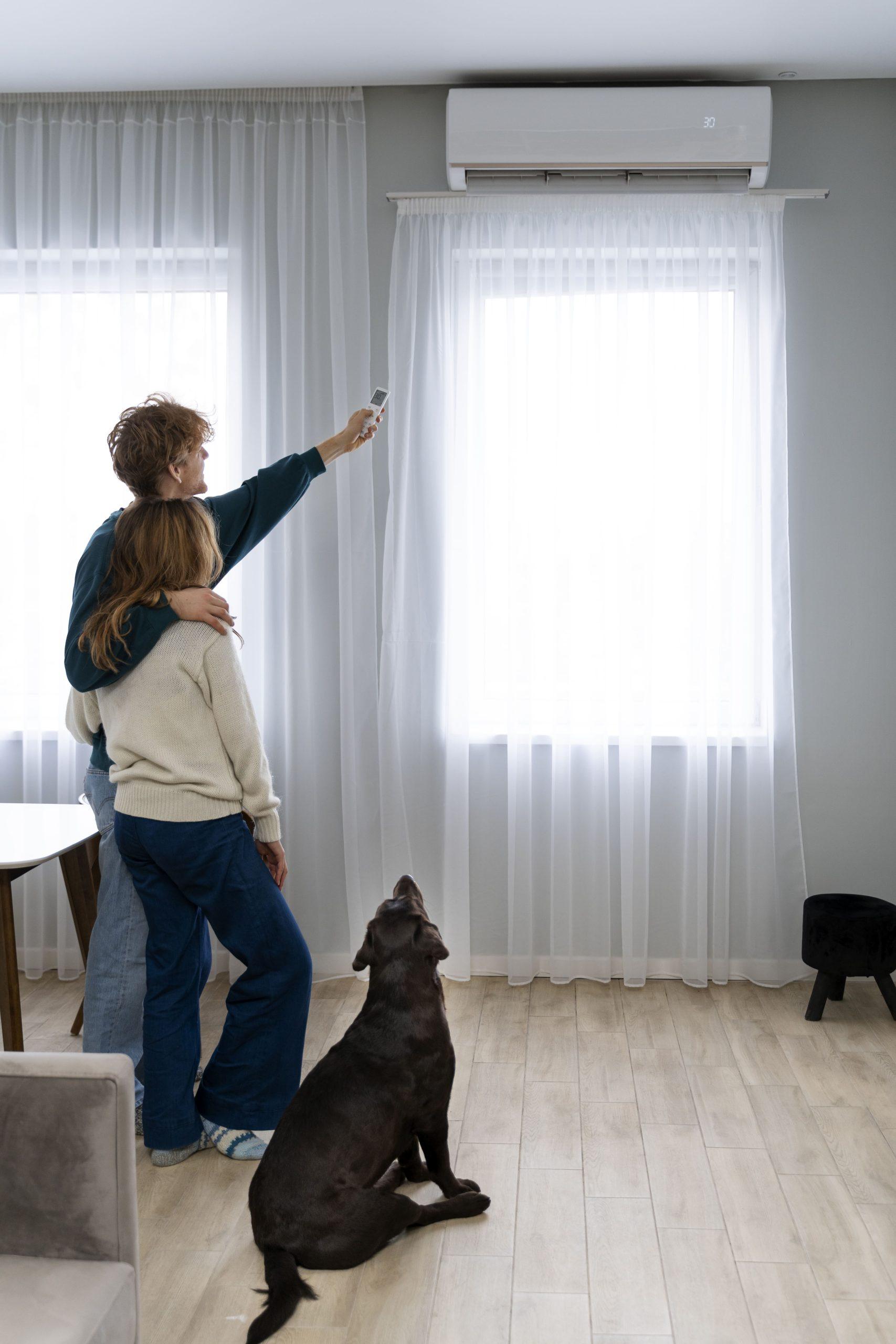 Couple using remote to operate wall-mounted air conditioner in living room, with dog watching.