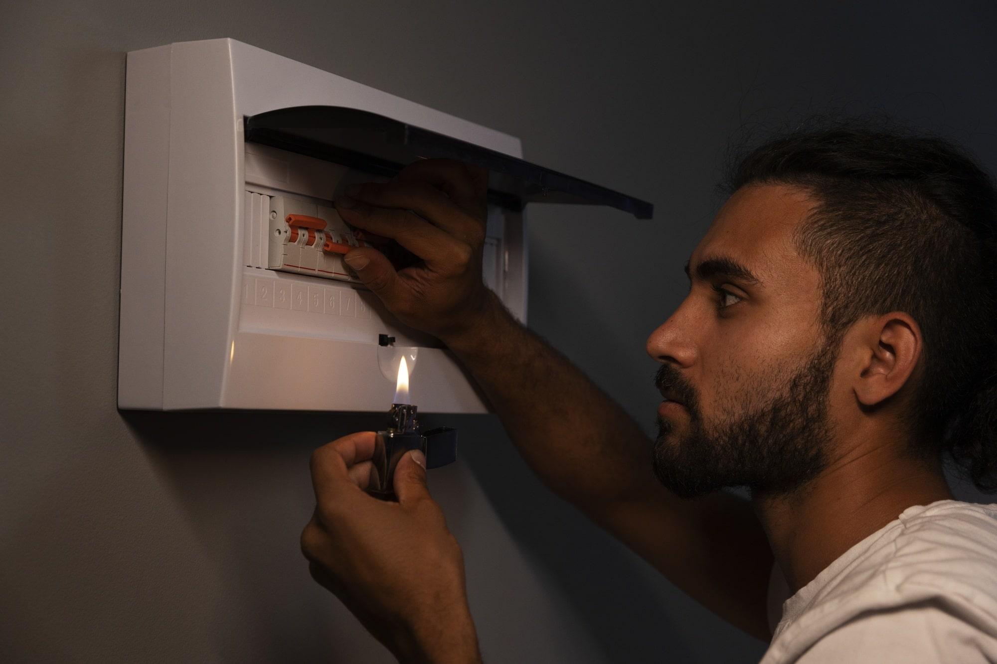 Man attempting to work on an electrical circuit breaker panel in dim light using a lighter, demonstrating unsafe practices and electrical risks.