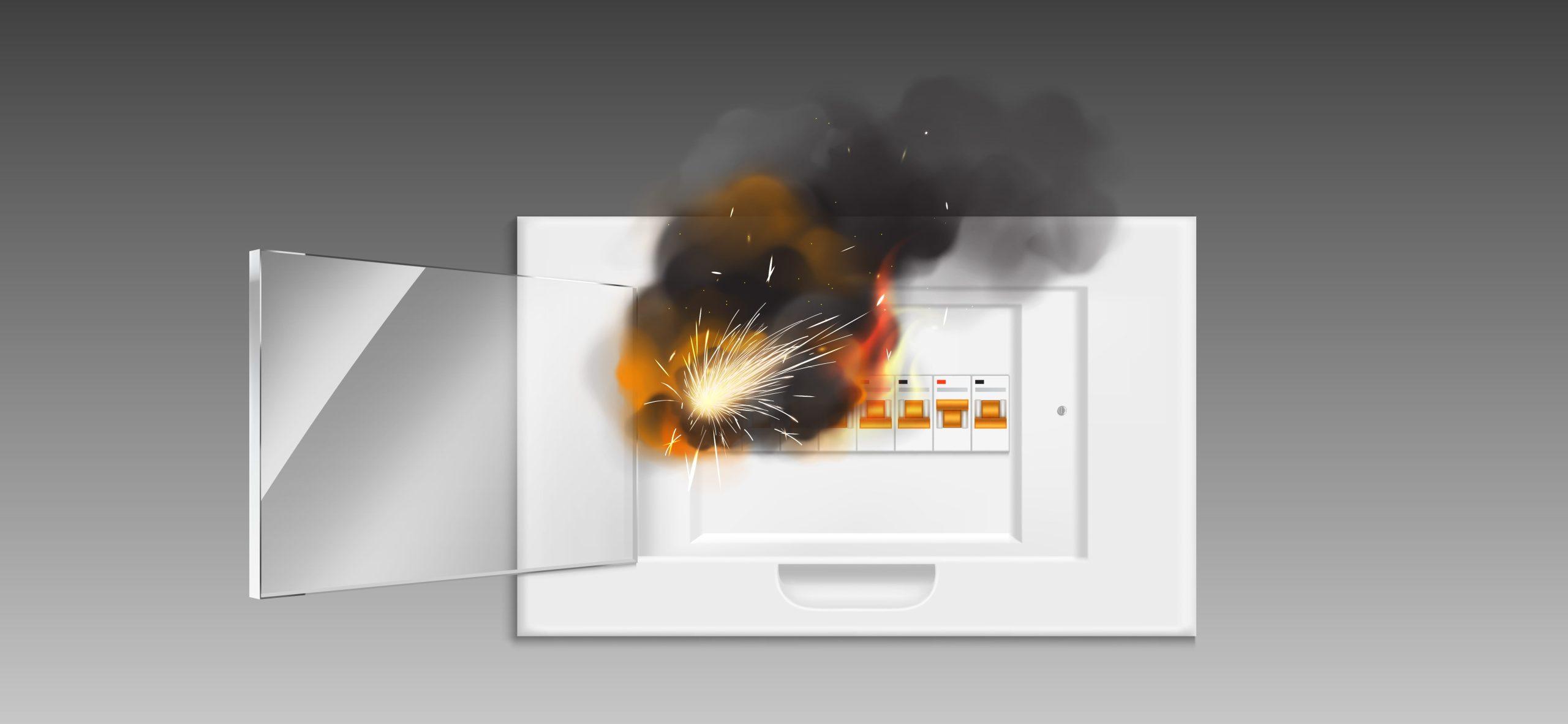 Electrical circuit breaker on fire with smoke and sparks, illustrating an electrical hazard.