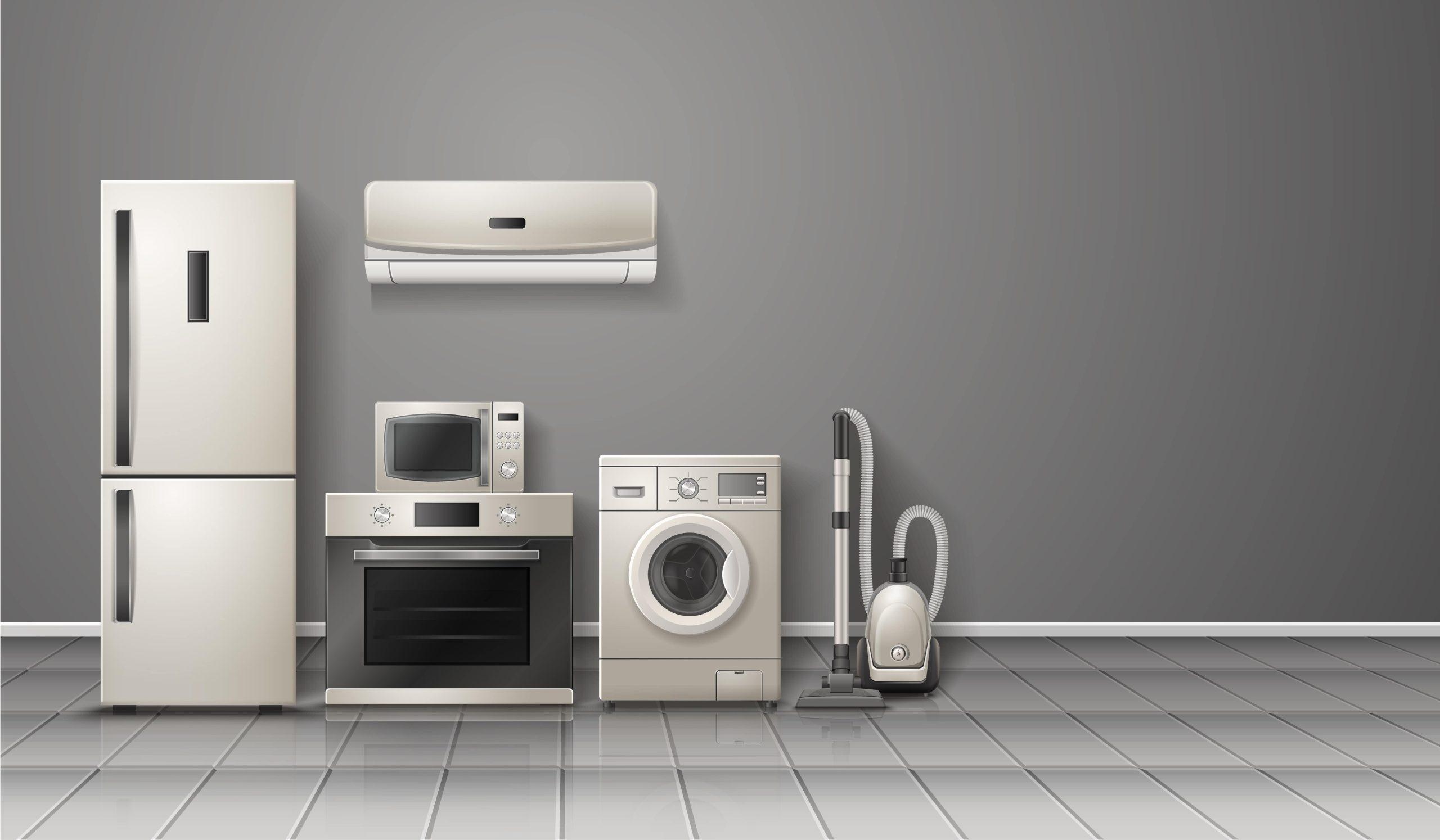 A collection of household appliances, including a refrigerator, air conditioner, oven, microwave, washing machine, and vacuum cleaner, in a modern interior.